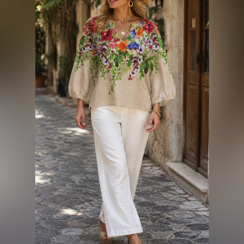 Chico's Beige Floral 100% Linen Tunic with Multicolor Blooms 3